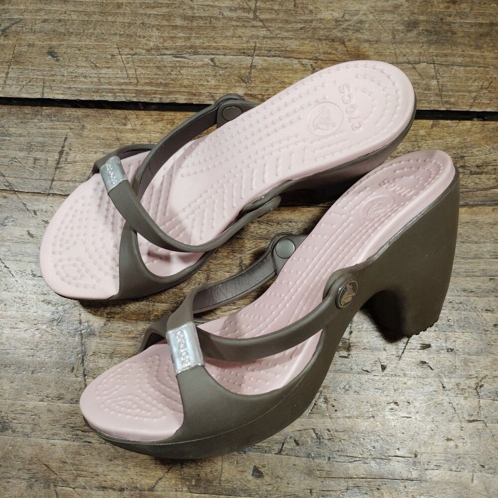 Crocs Women's Sz 7 Cyprus Heels Sandals Wedge Slides Brown Pink Slip On Shoes